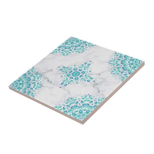 Turquoise Gray Marble Floral Geometric Tegeltje (Zijkant)