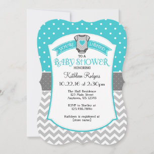 Turquoise Gray Polkadot Chevron Baby shower Invite Kaart