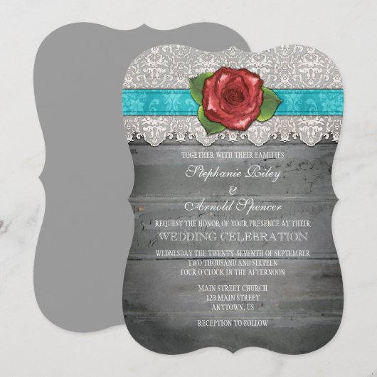 Turquoise Gray Rustic Wood Roos Wedding Invite Kaart (Voorkant / Achterkant)