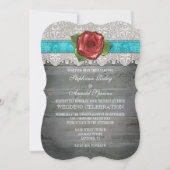 Turquoise Gray Rustic Wood Roos Wedding Invite Kaart (Voorkant)