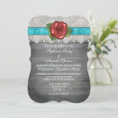 Turquoise Gray Rustic Wood Roos Wedding Invite Kaart (Staand voorkant)