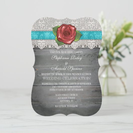 Turquoise Gray Rustic Wood Roos Wedding Invite Kaart (Staand voorkant)