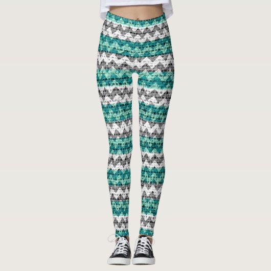 Turquoise Gray White Chevron Pattern Burlap Kijk Leggings (Voorkant)