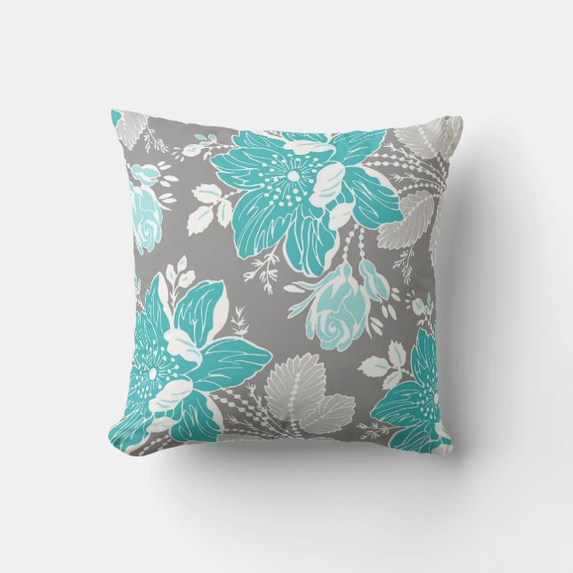 Turquoise Gray White Floral Decorative Pillow Kussen (Voorkant)