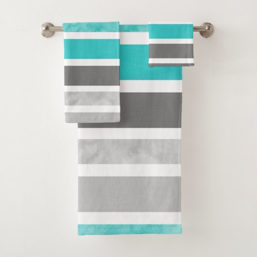 Turquoise Gray White Stripes Bad Handdoek (Insitu)