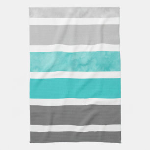 Turquoise Gray White Waterverf Stripes Theedoek