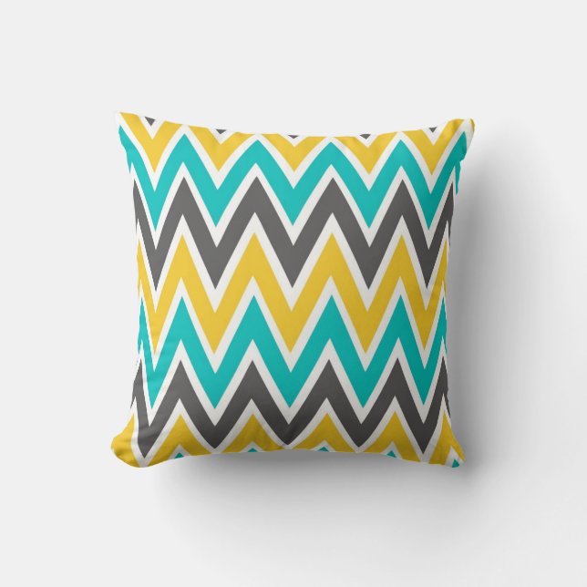 Turquoise Gray Yellow Gold Chevron Sierkussen (Voorkant)