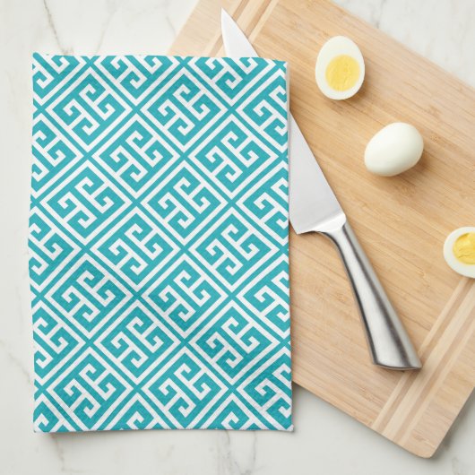Turquoise Greek Key Pattern Theedoek (Quarter Fold)