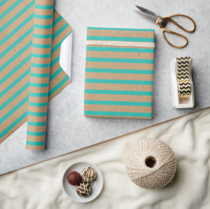 Turquoise Green Blue Lines Faux Rustic Brown Kraft Cadeaupapier