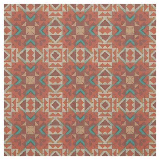 Turquoise Green Blue Oranje Aztec Mosaic Pattern Stof (Swatch)