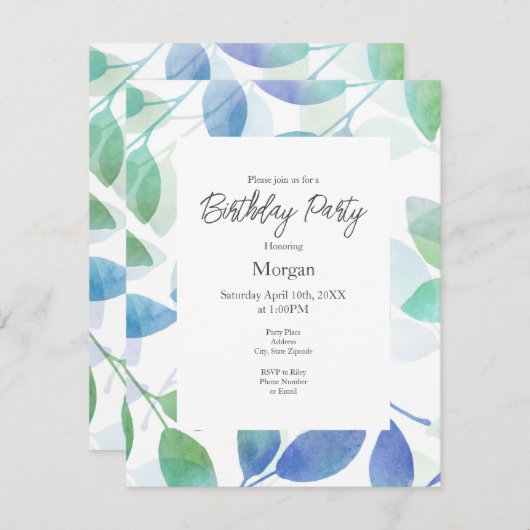 Turquoise Green Blue Waterverf Leaves Kaart (Voorkant / Achterkant)
