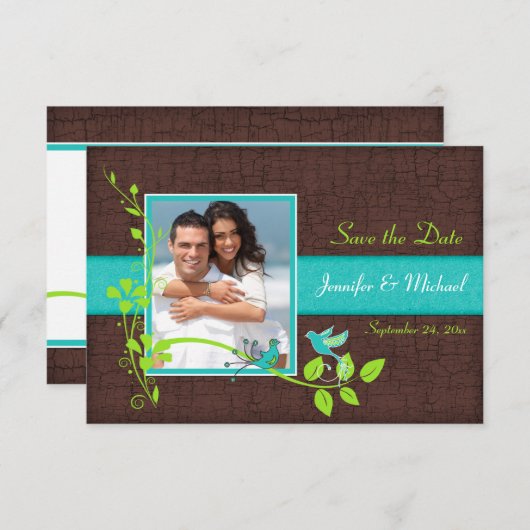 Turquoise Green Brown Crackle Save the Date Kaart (Voorkant / Achterkant)