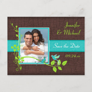 Turquoise Green Brown Floral Birds Save the Date Aankondigingskaart
