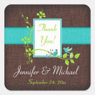 Turquoise Green Brown Floral Birds Wedding Favor Vierkante Sticker