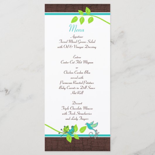 Turquoise Green Brown White Floral Birds Menu Kaar (Achterkant)