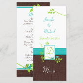 Turquoise Green Brown White Floral Birds Menu Kaar (Voorkant / Achterkant)