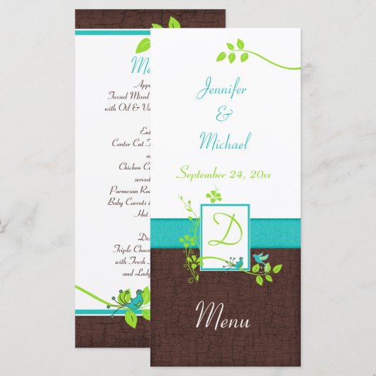 Turquoise Green Brown White Floral Birds Menu Kaar (Voorkant / Achterkant)