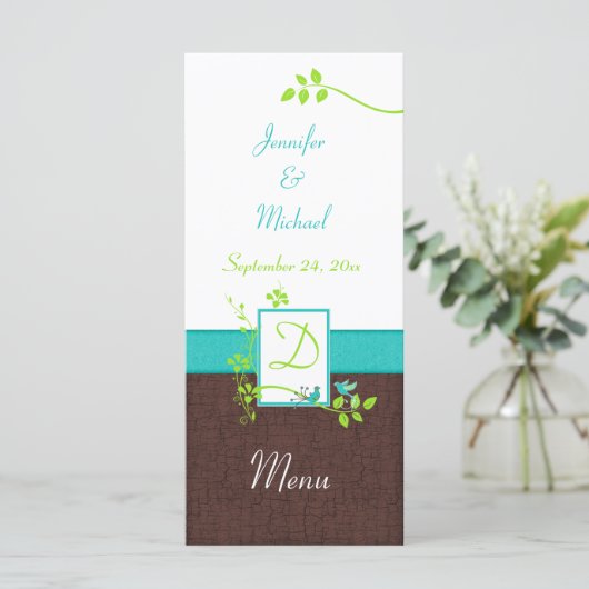 Turquoise Green Brown White Floral Birds Menu Kaar (Staand voorkant)