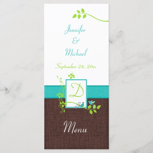 Turquoise Green Brown White Floral Birds Menu Kaar (Voorkant)