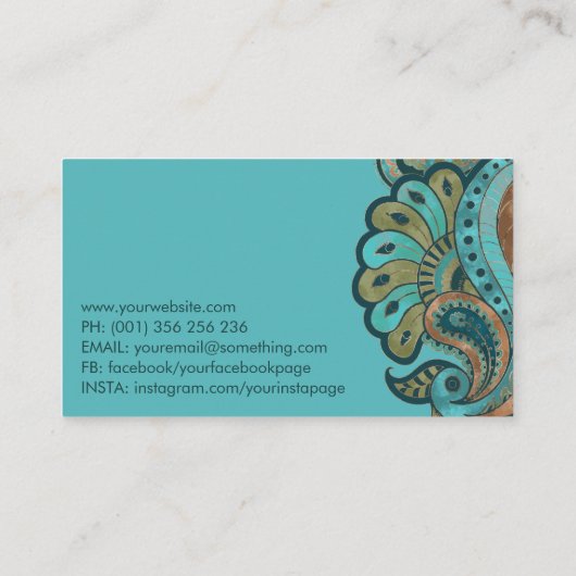 Turquoise Green en Gold Paisley Ornament Visitekaartje (Achterkant)