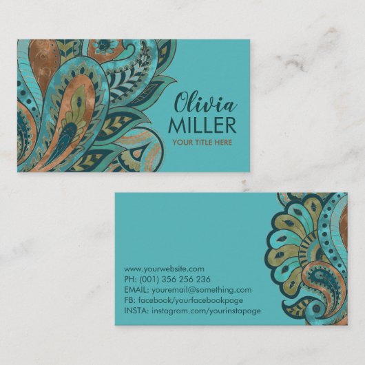 Turquoise Green en Gold Paisley Ornament Visitekaartje (Voorkant / Achterkant)