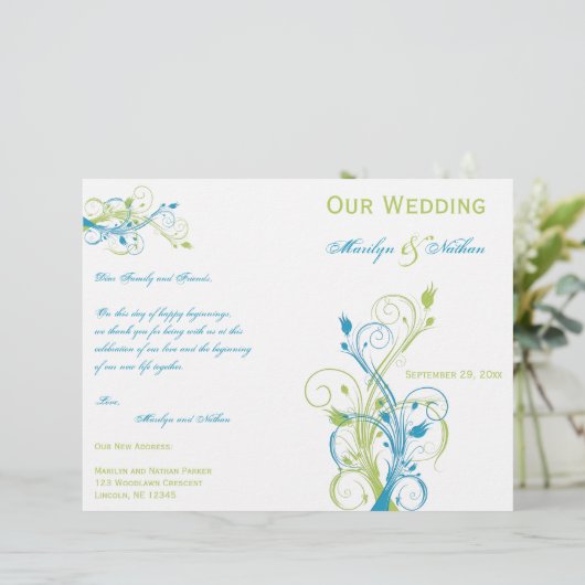 Turquoise, Green en White Floral Wedding Programme (Staand voorkant)