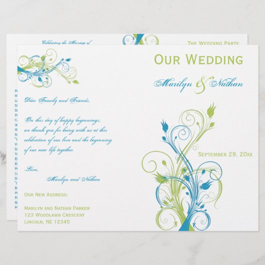 Turquoise, Green en White Floral Wedding Programme (Voorkant / Achterkant)