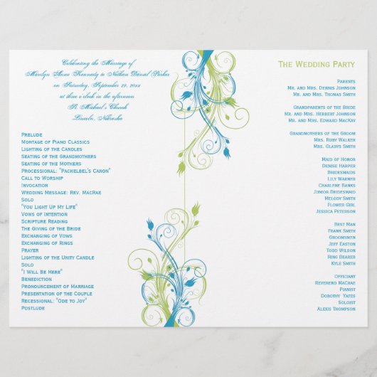 Turquoise, Green en White Floral Wedding Programme (Achterkant)