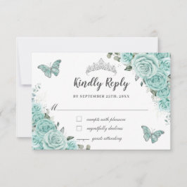 Turquoise Green Floral 15 Quinceañera Butterflies RSVP Kaartje