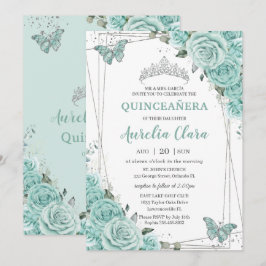 Turquoise Green Floral Butterflies Quinceanera 15  Kaart
