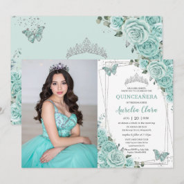 Turquoise Green Floral Butterflies Quinceanera 15  Kaart