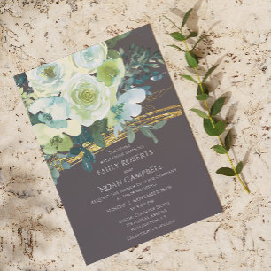 Turquoise Green Floral Gold Glitter Wedding Kaart