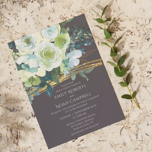 Turquoise Green Floral Gold Glitter Wedding Kaart