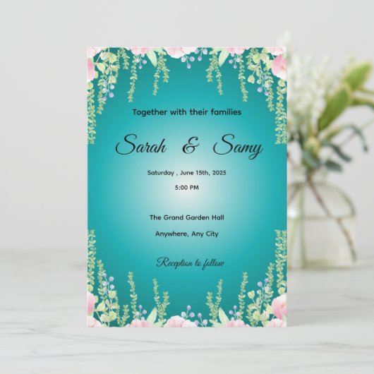 Turquoise Green Floral Wedding Invitation | Elegan Kaart (Staand voorkant)