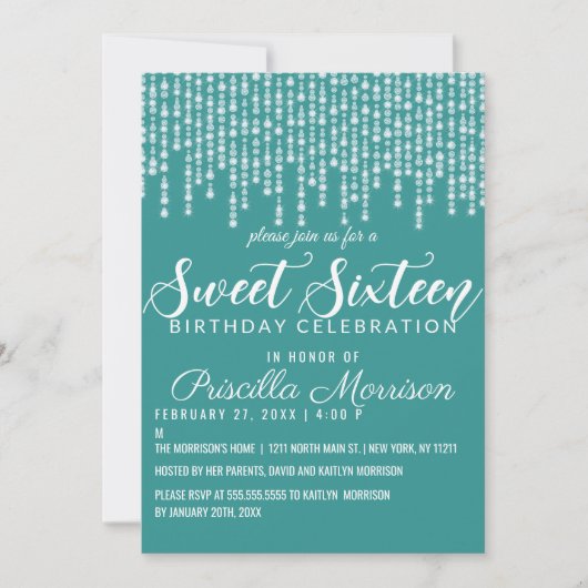 Turquoise Green Hanging Diamond Lights Sweet 16 Kaart (Voorkant)