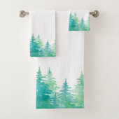 Turquoise Green Waterverf Evergreen Trees Bad Handdoek (Insitu)