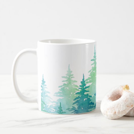 Turquoise Green Waterverf Evergreen Trees Koffiemok (Met donut)
