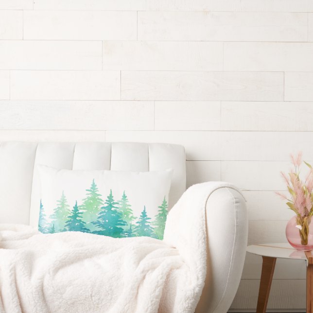 Turquoise Green Waterverf Evergreen Trees Kussen (Bank)