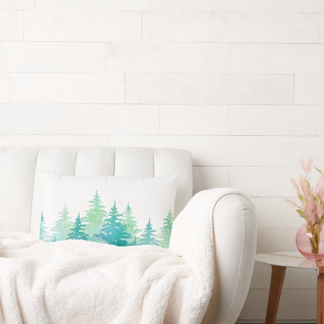 Turquoise Green Waterverf Evergreen Trees Kussen (Bank)