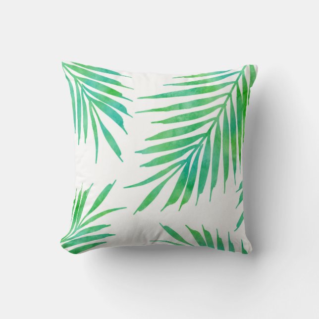 Turquoise Green Waterverf Palm Fronds Kussen (Voorkant)