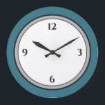 Turquoise Grey Black & White Minimalist Grote Klok<br><div class="desc">De moderne klok heeft een minimalistisch ontwerp in een grijs zwart-wit kleurenpalet met turquoise. Een eenvoudig gewoon ontwerp met zwarte cijfers op een witte achtergrond met een turquoise blauwe rand met grijze accenten. Een moderne trendy toevoeging aan je keuken, woonkamer of kantoor muur, een doordacht modern kantoor cadeau of een...</div>