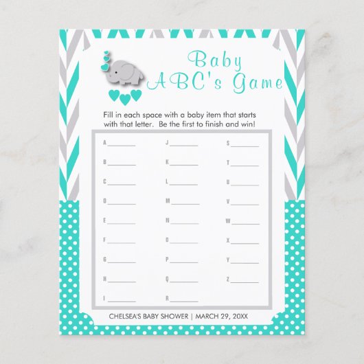 Turquoise & Grey Elephant Baby shower - ABC's Flyer (Voorkant)