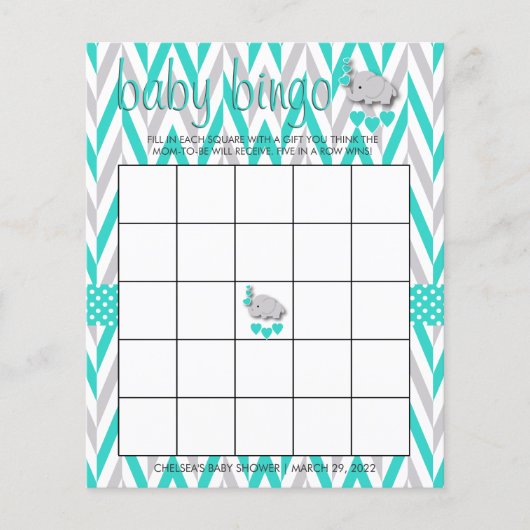 Turquoise & Grey Elephant Baby shower - Bingo Flyer (Voorkant)