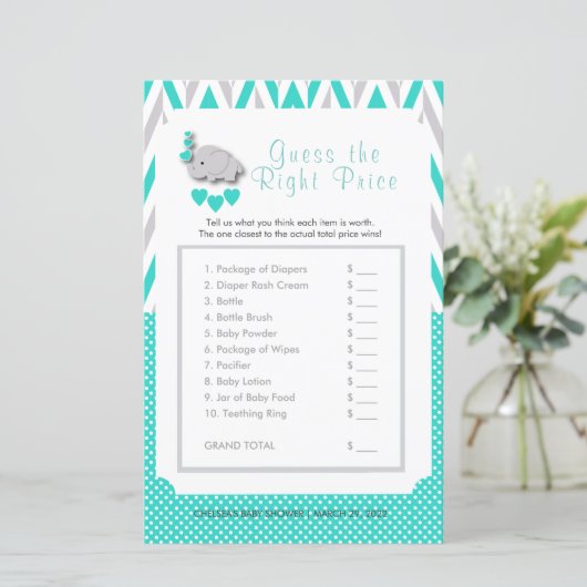Turquoise & Grey Elephant Baby shower - Prijs (Staand voorkant)
