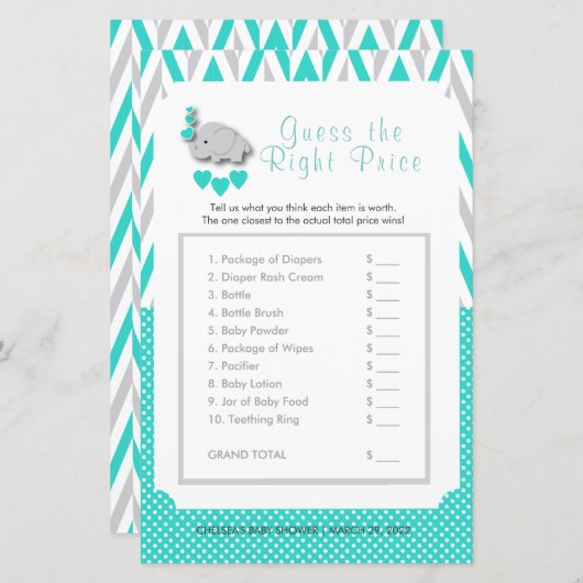 Turquoise & Grey Elephant Baby shower - Prijs (Voorkant / Achterkant)