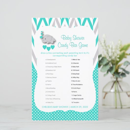 Turquoise & Grey Elephant Baby shower - Snoep (Staand voorkant)