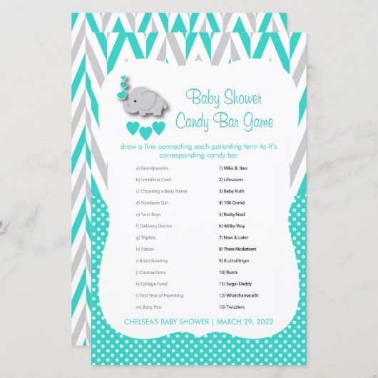 Turquoise & Grey Elephant Baby shower - Snoep (Voorkant / Achterkant)