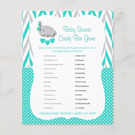 Turquoise & Grey Elephant Baby shower - Snoep Bar Flyer (Voorkant)