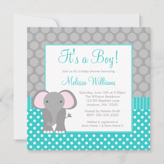 Turquoise Grey Elephant Polka Dot Boy Baby shower Kaart (Voorkant)