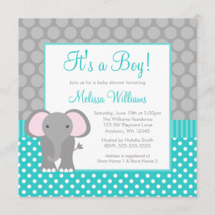 Turquoise Grey Elephant Polka Dot Boy Baby shower Kaart